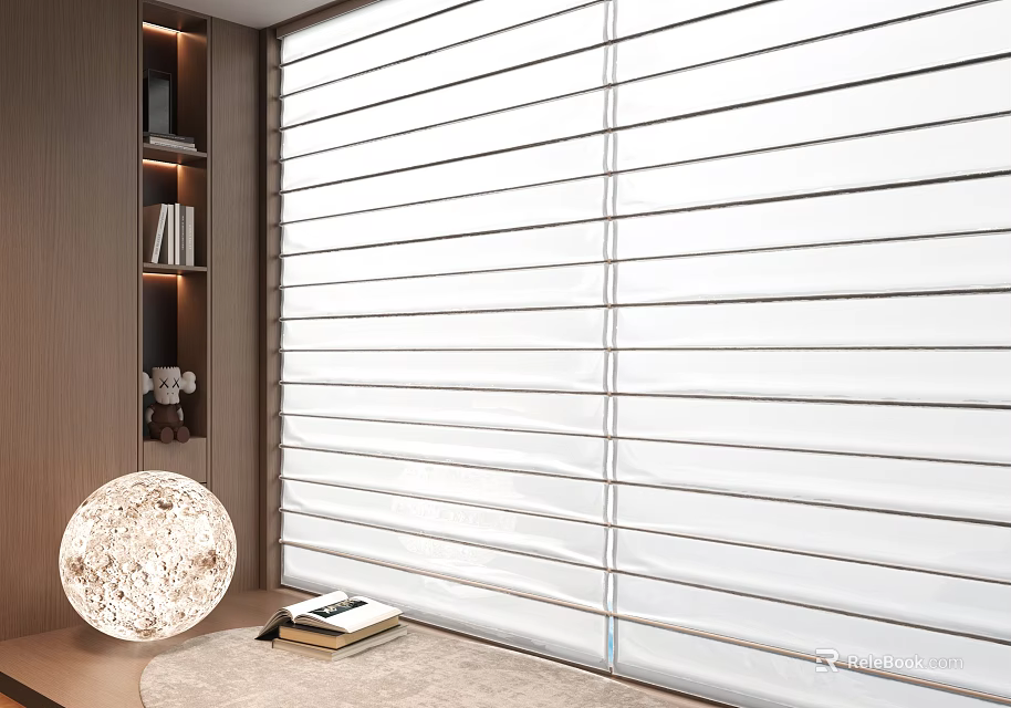 Stylish Room Interior With White Blinds Large Window Round Textured Lamp And Bookshelf 3d model 