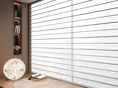 Stylish Room Interior With White Blinds Large Window Round Textured Lamp And Bookshelf 3d model