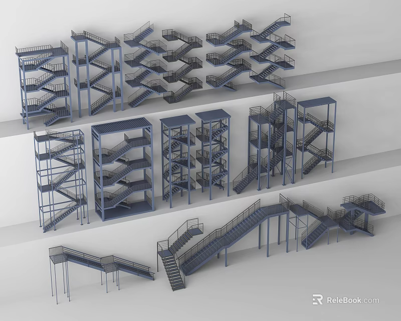 Various Staircase Designs With Metal Frame Structures And Different Architectural Styles 3d model