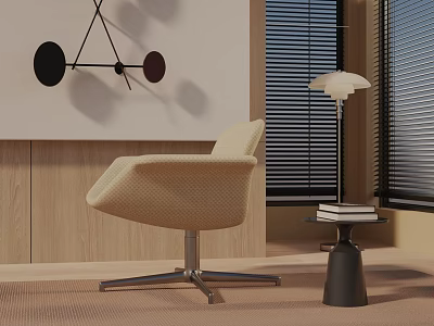 Beige Leisure Armchair With Swivel Base Wooden Wall Side Table Lamp And Books 3d model