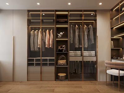 Modern Walk in Closet Interior With Hanging Clothes Storage Cabinets Drawers And Built in Lighting 3d model