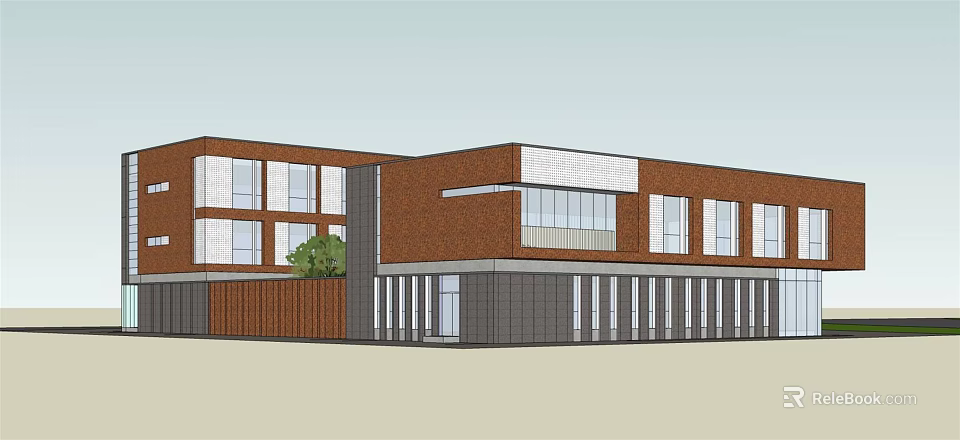Modern Office Building With Brick Facade And Large Glass Windows Design 3d model
