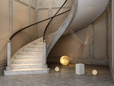 Elegant Spiral Marble Staircase With Handrail Decorative Sculpture Round Lights And Wall Panels 3d model
