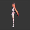 Anime Character with Red Long Hair Blue Accessories Pink Leg Patterns and Arms Outstretched