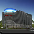 Modern Illuminated Office Building With Glass Curtain Wall Blue Curved Top And Night Scene