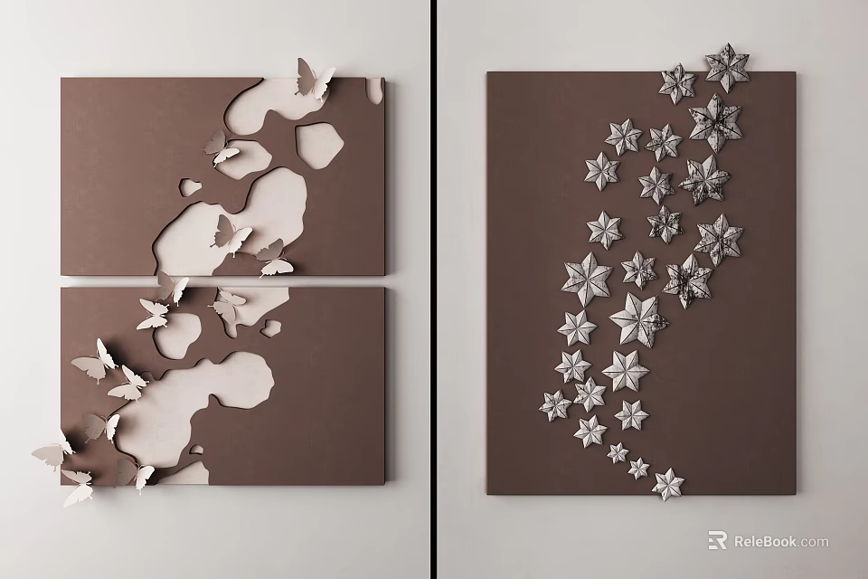 Brown Background Wall Decorations Featuring White Butterflies Stars Cutout And Curved Design 3d model