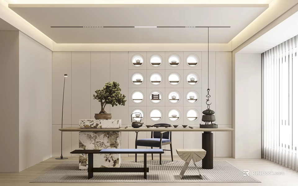 Japanese Zen Tea Room Interior With Wooden Table Display Shelves And Green Plants 3d model 