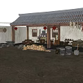 Traditional Chinese Garden Ornaments In Courtyard With Eaves Red Lanterns Firewood And Barrels