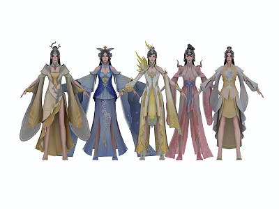 Five Elegant Ancient Female Characters With Colorful Flowing Robes And Ornate Headpieces 3d model