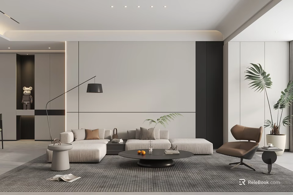 Modern Living Room Interior With White Sofa Gray Rug And Black Floor Lamp 3d model 