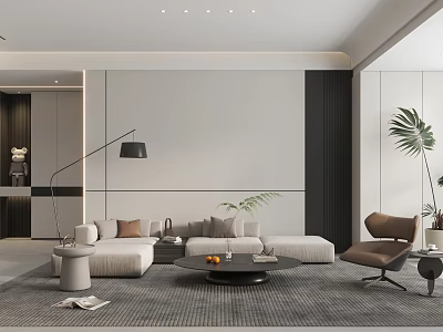 Modern Living Room Interior With White Sofa Gray Rug And Black Floor Lamp 3d model