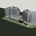 Modern Curved Hotel Building with Glass Curtain Walls and Landscaped Gardens