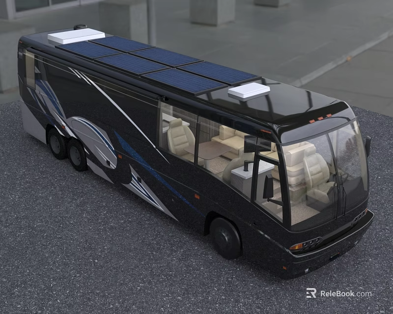Black Motorhome With Solar Panels On Roof Blue Accents And Beige Seats Interior 3d model 