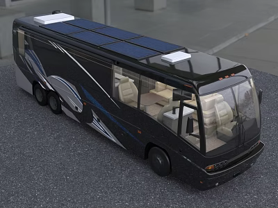Black Motorhome With Solar Panels On Roof Blue Accents And Beige Seats Interior 3d model