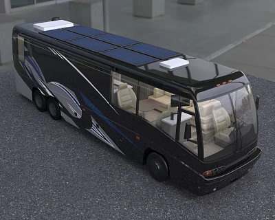 Black Motorhome With Solar Panels On Roof Blue Accents And Beige Seats Interior 3d model