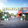 Commercial Street Featuring Red Roof Buildings Surrounded by Green Forests and Spacious Parking Area