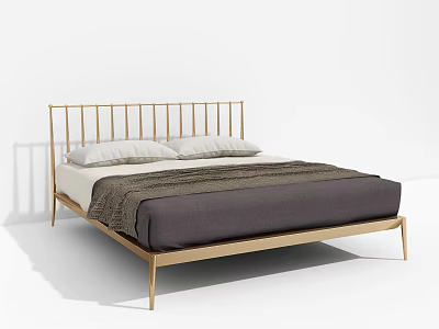 Modern Double Bed With Golden Metal Frame White Pillows And Dark Gray Mattress 3d model