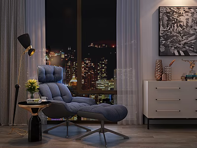 Contemporary Blue Recliner Chair With Ottoman And City Night View In Living Space 3d model