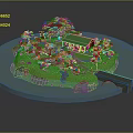 Cartoon Island Scene with Green Grass Trees Small House and Bridge Surrounded by Water