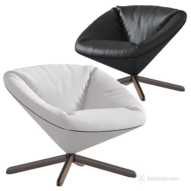 White Fabric and Black Leather Accent Chair with Curved Design and Metal Cross Base 3d model 