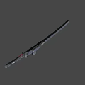 Shiny Black Long Sword With Red Handle Accents Floating On Dark Background