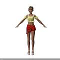 Woman in yellow off shoulder top and red short skirt arms outstretched white background