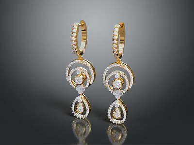 Elegant Gold Diamond Drop Earrings With Sparkling Design For Women Accessory 3d model