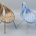 Modern Single Chair With Woven Design Wooden And Blue Thin Metal Legs