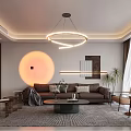 Modern Living Room Interior Design With Circular Pendant Light Sofa Coffee Table Rug And Plant