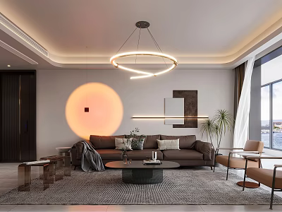 Modern Living Room Interior Design With Circular Pendant Light Sofa Coffee Table Rug And Plant 3d model