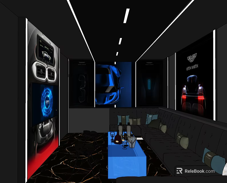 Modern KTV Room Interior Design With Comfortable Sofa Coffee Table Wall Decor And Neon Lighting 3d model 