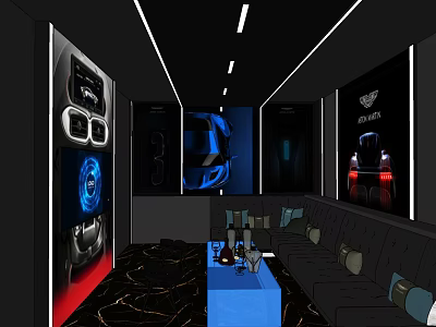 Modern KTV Room Interior Design With Comfortable Sofa Coffee Table Wall Decor And Neon Lighting 3d model
