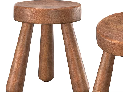 Warm Brown Wooden Stools With Round Seat And Three Legs Simple Design Home Use 3d model