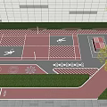 Outdoor Recreational Fitness Path With Exercise Figures Trees Green Lawn And Red Track
