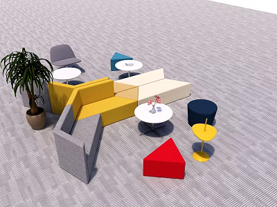 Modern Sofa And Coffee Table Set With Colorful Furniture And Potted Plant In Living Room 3d model