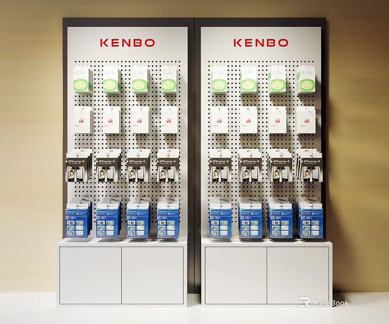 White KENBO Display Shelves With Green White Packages Silver Devices Blue Boxes And Cabinets 3d model 