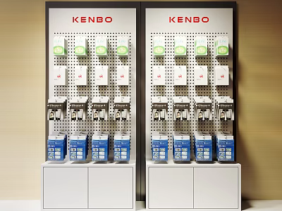 White KENBO Display Shelves With Green White Packages Silver Devices Blue Boxes And Cabinets 3d model