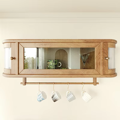 Wooden Wall Cabinet With Glass Doors Displaying Decorative Items And Hanging Mugs Below 3d model