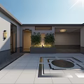 Traditional Courtyard Landscape With Red Roof White Building Paved Ground Lantern Lamps And Potted Plants