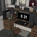 Gaming Desk Workstation With Dual Monitors PC Keyboard Mouse Headphones And Clock