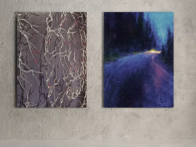 Two Wall Paintings Abstract Lines And Night Road Scene On Gray Wall 3d model