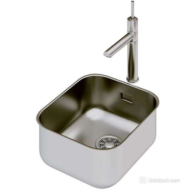 Modern Stainless Steel Kitchen Sink With Single Bowl Square Design And Faucet 3d model 