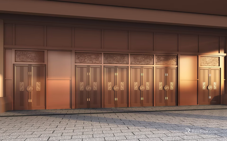 Copper Double Doors With Carved Patterns Neatly Arranged Against Dark Wall And Stone Tile Floor 3d model 