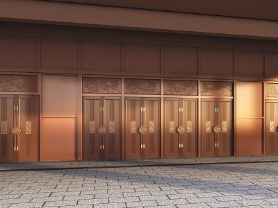 Copper Double Doors With Carved Patterns Neatly Arranged Against Dark Wall And Stone Tile Floor 3d model