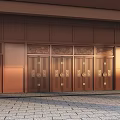 Copper Double Doors With Carved Patterns Neatly Arranged Against Dark Wall And Stone Tile Floor