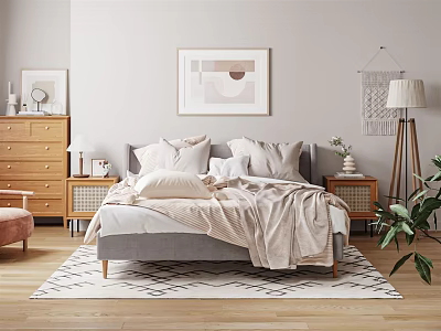 Modern Bedroom Interior With Gray Bed Pillows Blanket Wooden Dresser Rug And Framed Art 3d model
