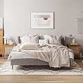 Modern Bedroom Interior With Gray Bed Pillows Blanket Wooden Dresser Rug And Framed Art