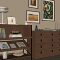 Wooden Chest of Drawers with Multiple Drawers Decorative Items and Framed Artworks in Living Room