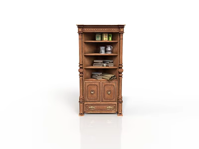 Classic Brown Wooden Bookcase with Multiple Shelves and Drawers Displaying Decorative Items 3d model