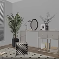 Modern Dressing Table With Stainless Steel Frame Octagonal Mirror Table Lamp And Palm Plant